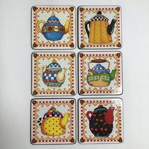 Mary Engelbreit Teapot Coasters Cork Back 4” Square Box SET OF 6 Vintage Cottage